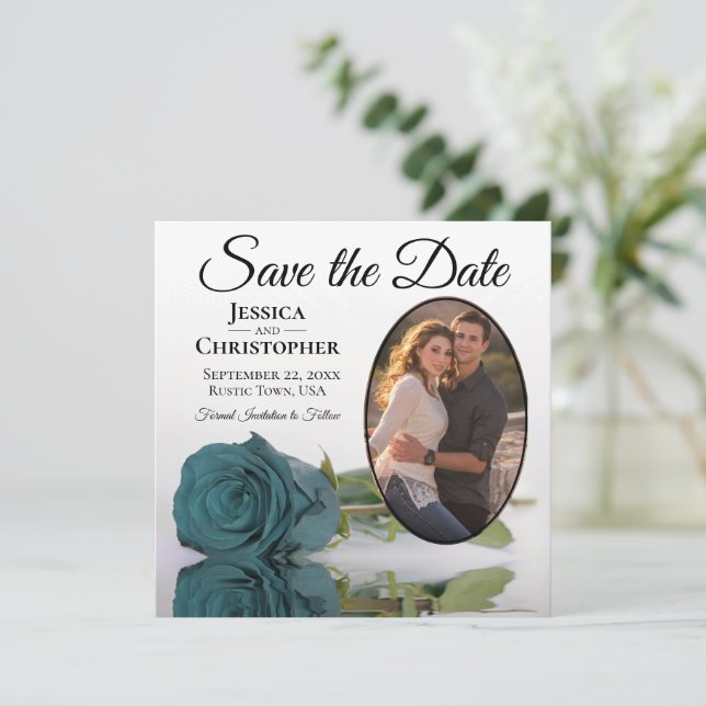 Save The Date Élégant Rose Turquoise sur blanc avec Mariage phot (Debout devant)