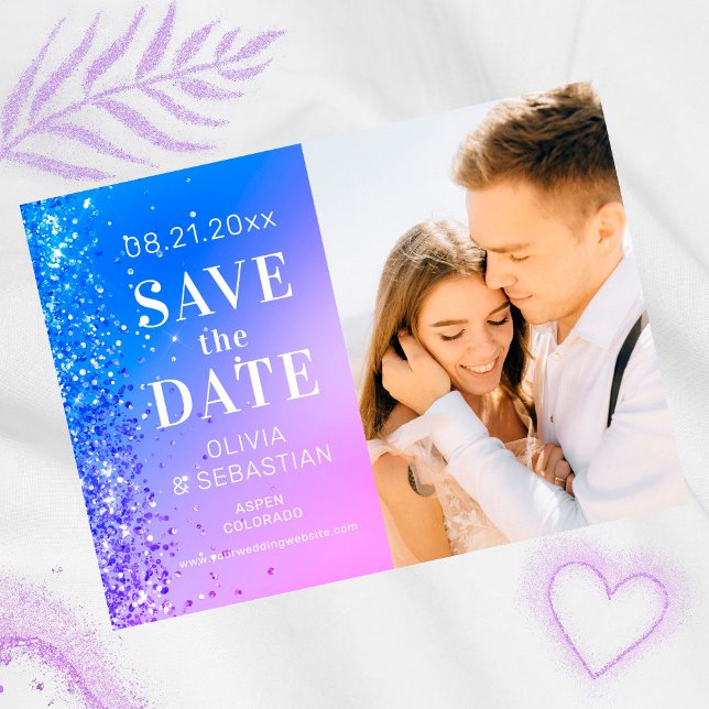 Save The Date Élégant rose violet bleu Parties scintillant Maria (Créateur téléchargé)