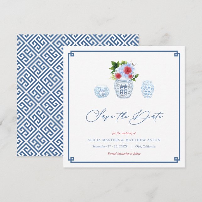 Save The Date Elégant Rouge Blanc Bleu Mariage de week-end (Devant / Derrière)