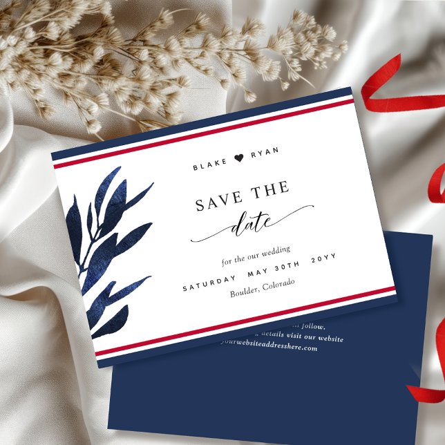Save The Date Elégant rouge, blanc et bleu, Mariage feuille (Créateur téléchargé)