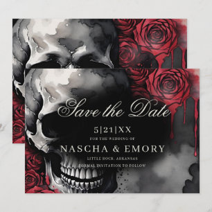 Save The Date Elégant rouge et noir crâne Rose Mariage gothique