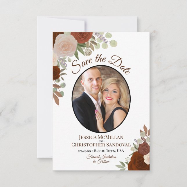 Save The Date Elégant rouille Orange Floral Boho Mariage Photo (Devant)