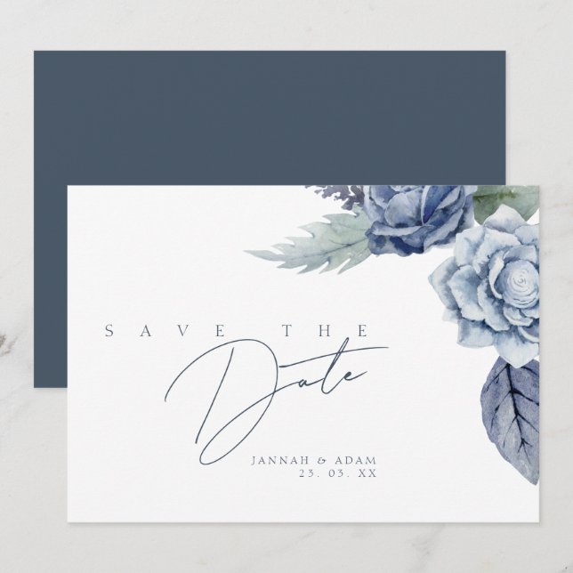 Save The Date Elégant Royal Blue Roses Floral Mariage (Devant / Derrière)