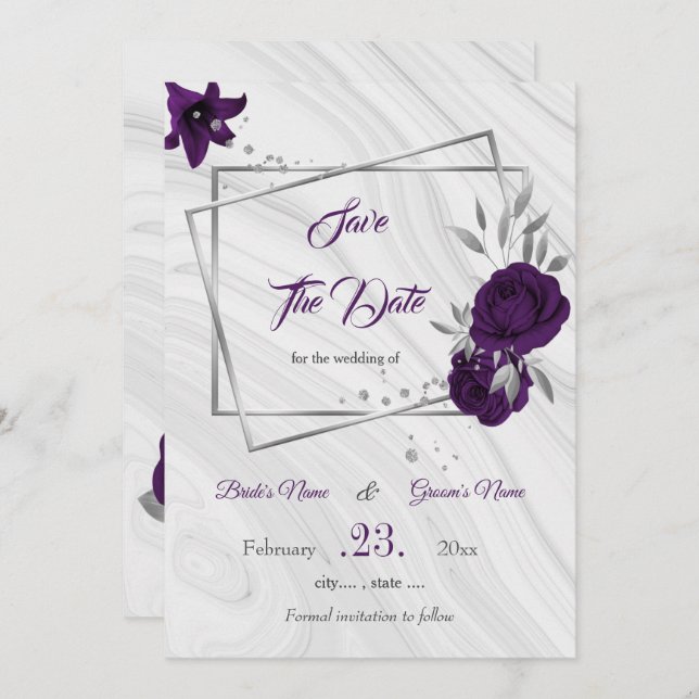 Save The Date élégant royal violet gris argenté floral (Devant / Derrière)