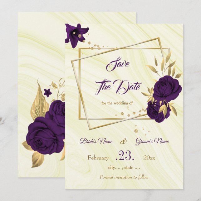 Save The Date élégant royal violet or floral (Devant / Derrière)