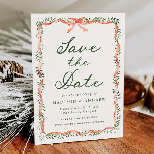 Save The Date Élégant Ruban Rouge de Feuillage Crème Mariage de