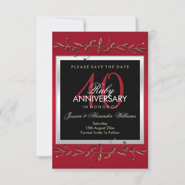 Save The Date Elégant Ruby Gemstones 40e anniversaire de Mariage (Devant)
