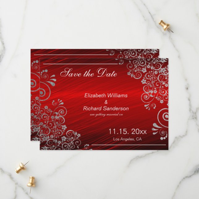 Save The Date Elégant Ruby Red Grey Enregistrer la date Mariage (Devant/Arrière en situation)