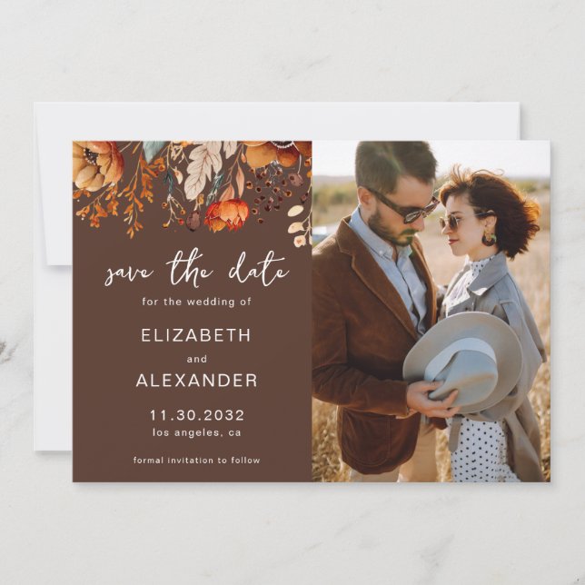 Save The Date Elégant Rustic automne floral brun mariage photo (Devant)
