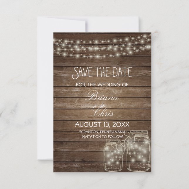 Save the Date Elegant Rustic Mason Jar Lights (Front)