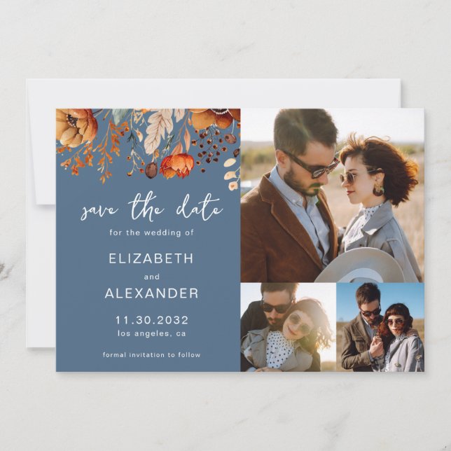 Save The Date Elégant Rustique mariage floral automnal 3 photos (Devant)