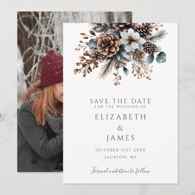 Save The Date Élégant Rustique Pinecones Floral Photo Mariage (Devant / Derrière)