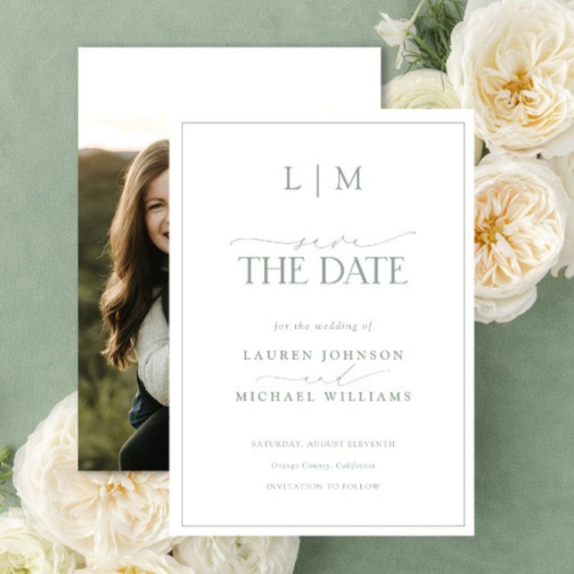 Save The Date Élégant Sage Green Classy Monogram Mariage photo (Save the Date Invitation!)