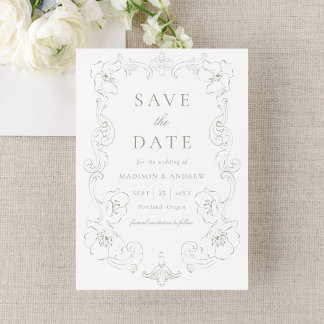 Save The Date Elegant Sage Green Ornate Floral Frame Wedding