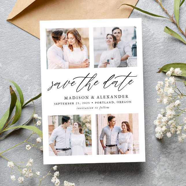 Save The Date Élégant script 4 photo Collage (Créateur téléchargé)