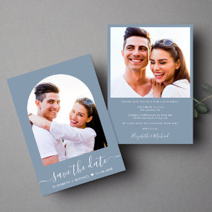Save The Date Élégant Script Arch Photo Dusty Blue Mariage