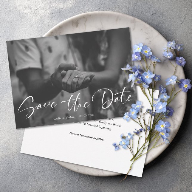 Save The Date Elegant Script Black and White Photo Wedding (Créateur téléchargé)