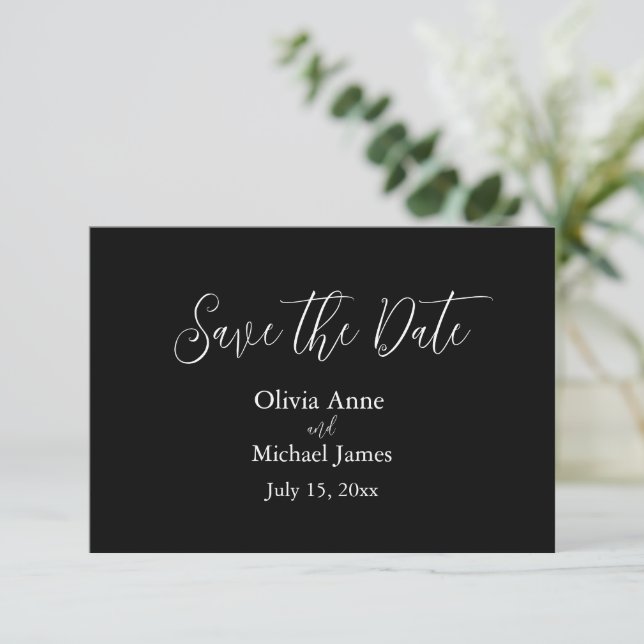 Save The Date Élégant script blanc et noir Enregistrer la date (Debout devant)