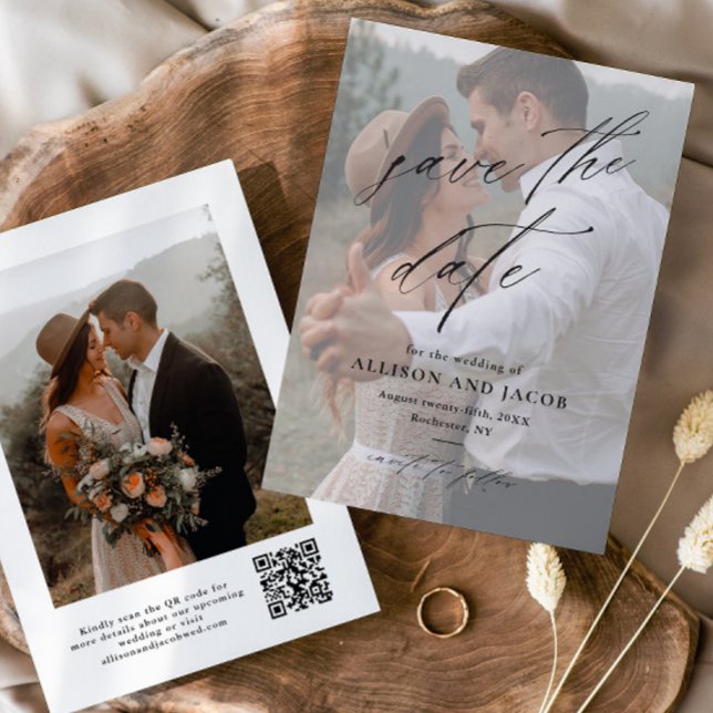 Save The Date Élégant script code QR Mariage Photo (Elegant handwritten script 2 photo wedding QR code save the date cards.)