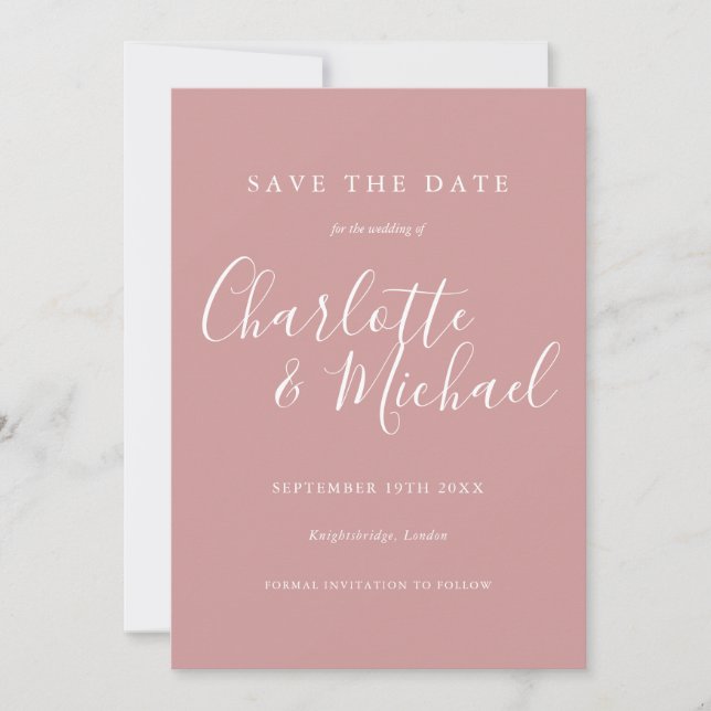 Save The Date Élégant script de signature Dusty Rose Mariage (Devant)
