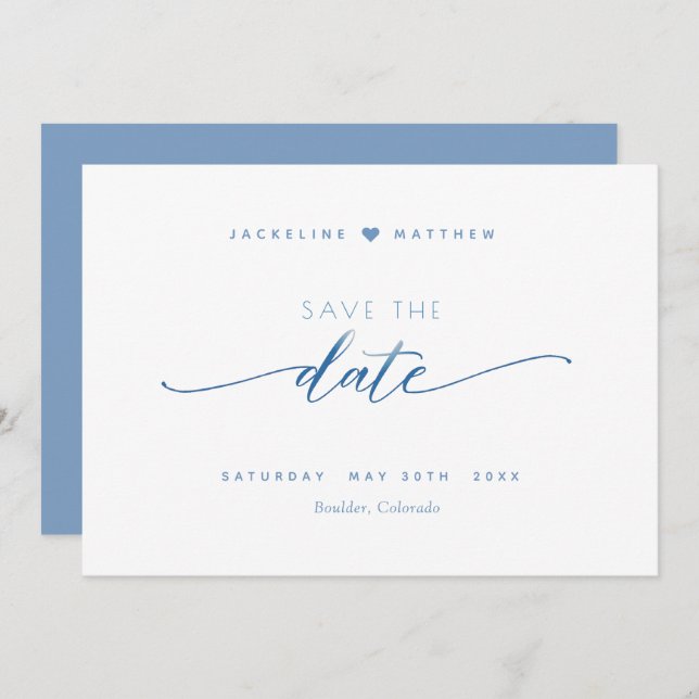 Save The Date Élégant Script, Dusty Blue, Simple Mariage (Devant / Derrière)