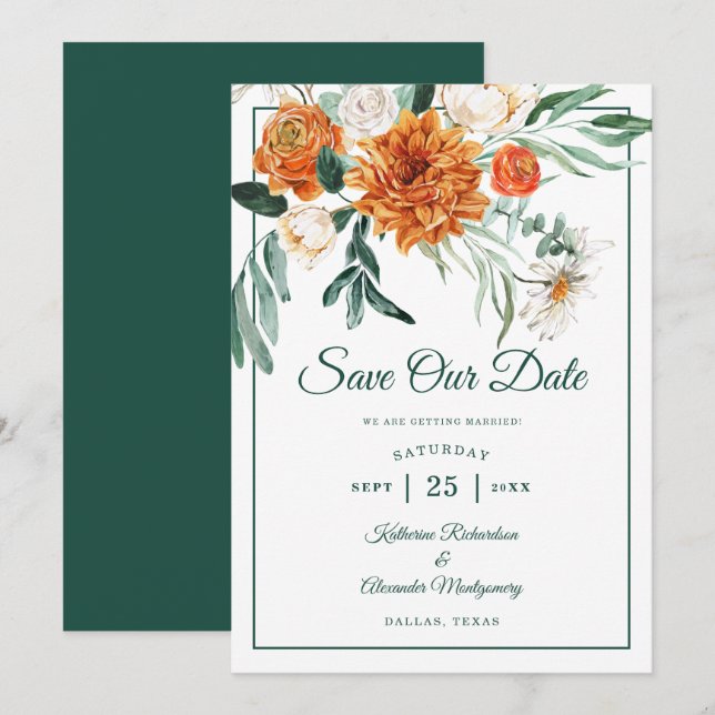 Save The Date Élégant Script Emerald Green Automne Floral Mariag (Devant / Derrière)