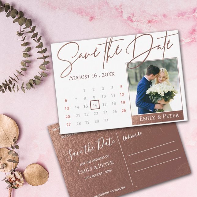Save The Date Élégant Script Faux Rose Gold Mariage Photo (Créateur téléchargé)