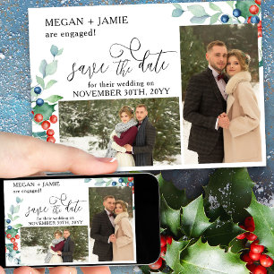 Save The Date Élégant Script Holly Winter Berries 2 Photo