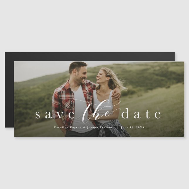 Save the date elegant script horizontal photo magnetic invitation (Front/Back)