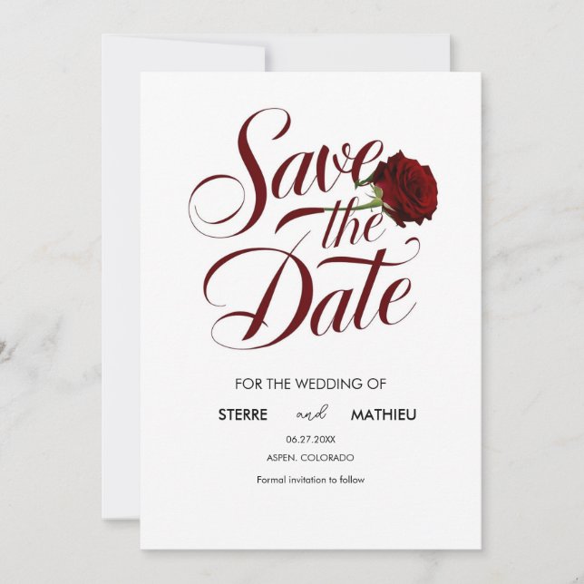 Save The Date Élégant Script Mariage Rose rouge (Devant)