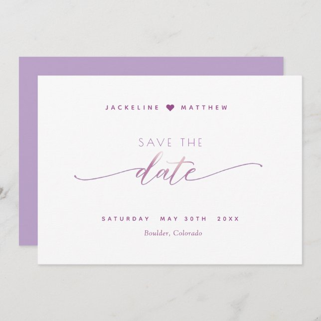 Save The Date Élégant script, Mauve Lavender Mariage simple (Devant / Derrière)