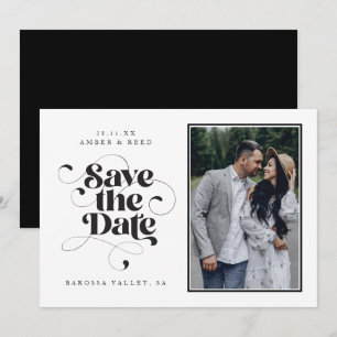 Save The Date Élégant Script moderne Black White Art Design Phot
