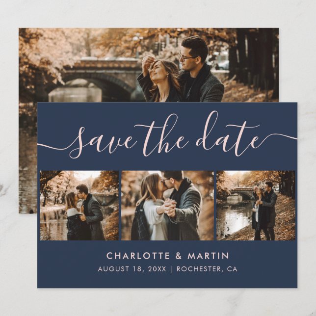 Save The Date Élégant script moderne Marine Blue Blush 4 Photo (Devant / Derrière)
