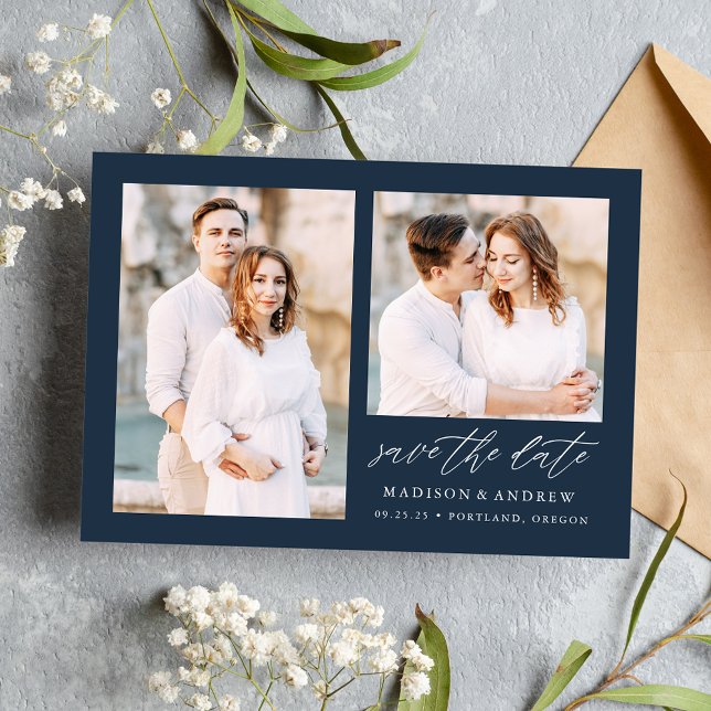 Save The Date Élégant Script Navy 2 Photo (Créateur téléchargé)