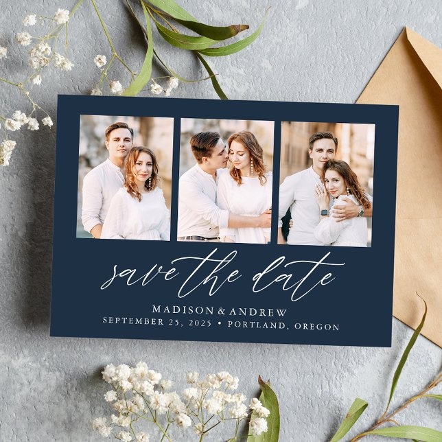 Save The Date Élégant Script Navy 3 Photo Collage (Créateur téléchargé)