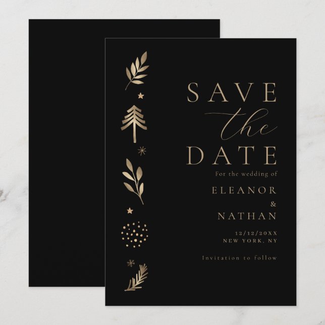 Save The Date Élégant Script noir et or Vacances d'hiver (Devant / Derrière)