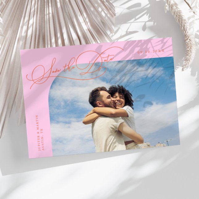 Save The Date Elegant Script Orange Pink Curved Frame Photo (Créateur téléchargé)