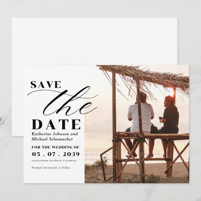 Save The Date Elégant script photo calligraphie & QR Code Mariag (Devant / Derrière)