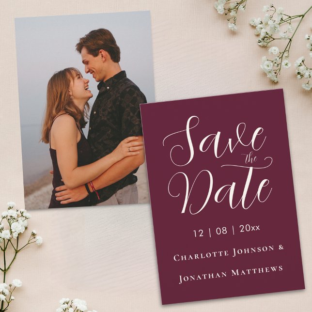 Save The Date Élégant Script photo Mariage moderne (Modern photo elegant script burgundy cream wedding save the date invitation Portrait full bleed)