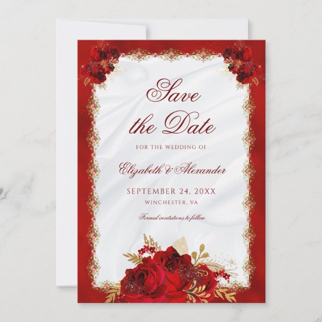 Save The Date Élégant Script Red Gold Rose Floral Mariage (Devant)