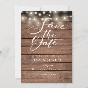 Save The Date Élégant Script String éclat Rustic Wood Mariage
