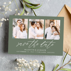 Save The Date Élégant Script Vert Sauge 3 Collage Photo