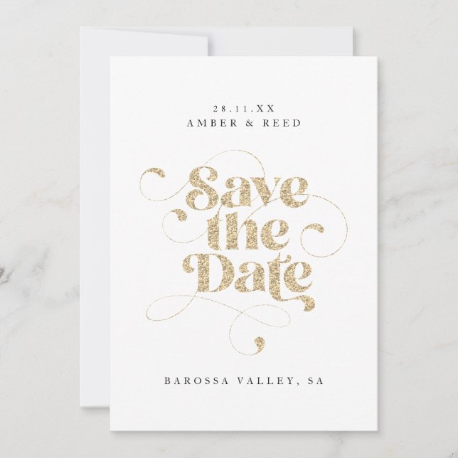 Save The Date Élégant Script Words Gold Faux Parties scintillant (Devant)