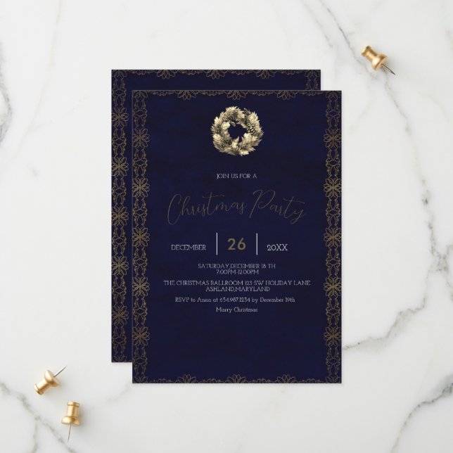 Save The Date Elégant Shimmer Navy Bleu, Ornements, Snowflakes (Devant/Arrière en situation)