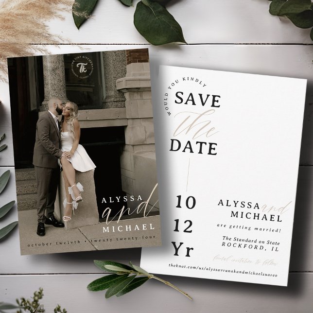 Save The Date Élégant Simple Moderne Mariage photo de script bla (Elegant modern photo typography script simple wedding save the date, black and white, champagne tan)