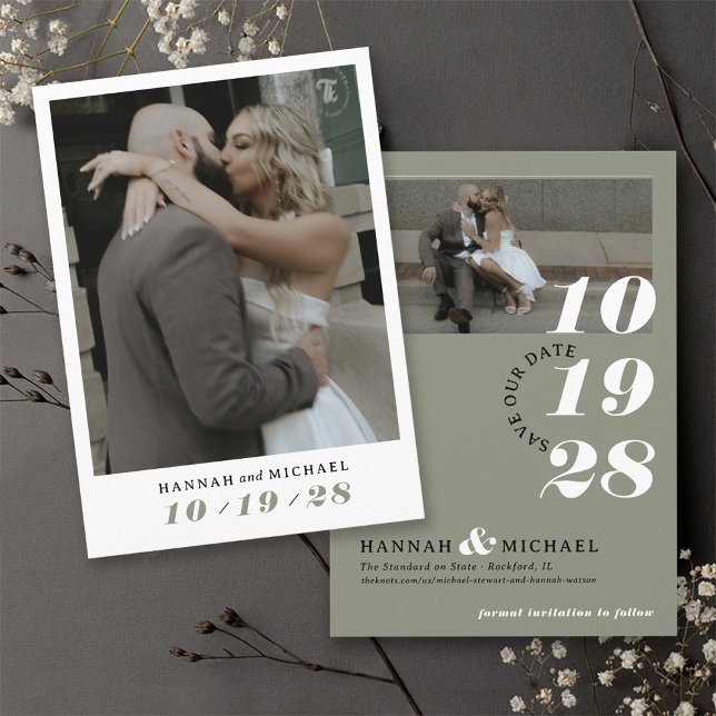Save The Date Élégant Simple Moderne Sage Green 2 Mariage photo (Sage green, black and white photo simple elegant modern minimalist wedding invitation save the date)