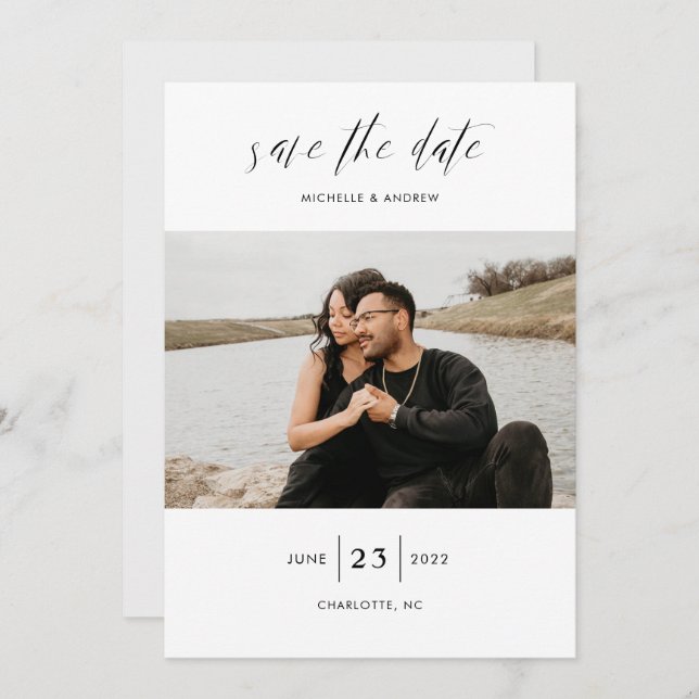 Save The Date Élégant Simple Moderne Script Mariage Photo Enregi (Devant / Derrière)