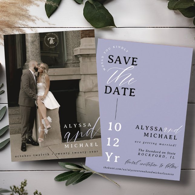Save The Date Élégant simple Périwinkle violet Mariage photo (Elegant modern photo typography script simple wedding save the date, black, white, periwinkle purple)