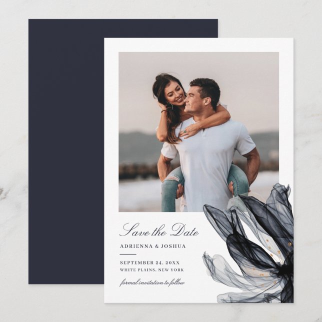 Save The Date Elégant Smoky Floral Navy Mariage photo (Devant / Derrière)