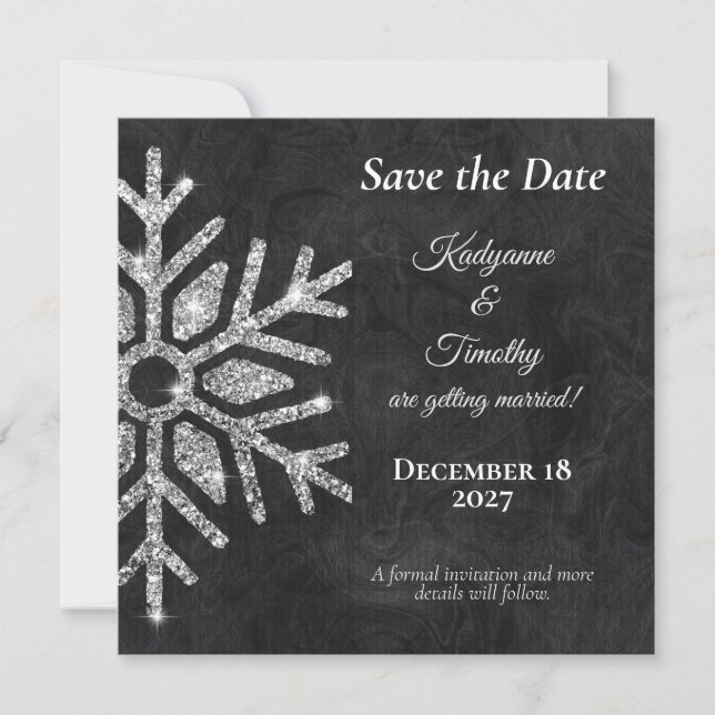 Save The Date Élégant Snowflakes Diamond sur Mariage noir (Devant)